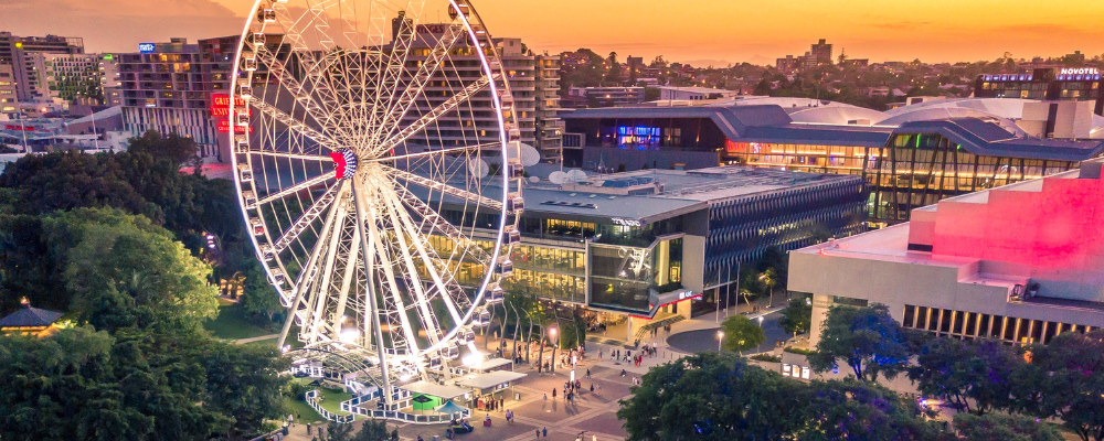 Aerial view of South Bank precinct at sunset