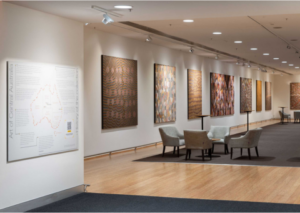 Image of BCEC's Plaza Gallery with the Papunya Tula/Desert Art Collection on display
