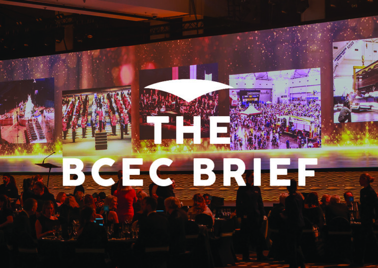 The BCEC Brief banner shows a large audience at an event with a vibrant stage display.