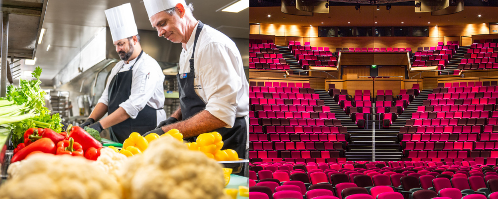 Chefs prepare ingredients for a meal in a kitchen while the BCEC theatre seats await an audience.