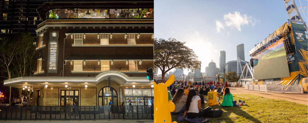 Left: Image of newly redeveloped Hotel Terminus exterior. Right: Image of FIFA World Cup 2026 official live site in South Bank Cultural Forecourt.