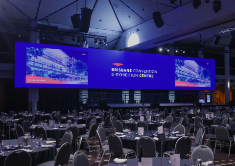 Image of the Plaza Ballroom 24-meter LED screen displaying BCEC imagery and logo