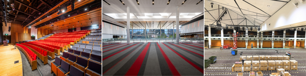 Three images of the Plaza Auditorium seating, the Plaza Link Foyer carpet and refurbishment works taking place.