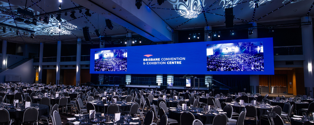 Image of the 24-meter LED screen in the Plaza Ballroom. The screen displays BCEC branding and imagery.
