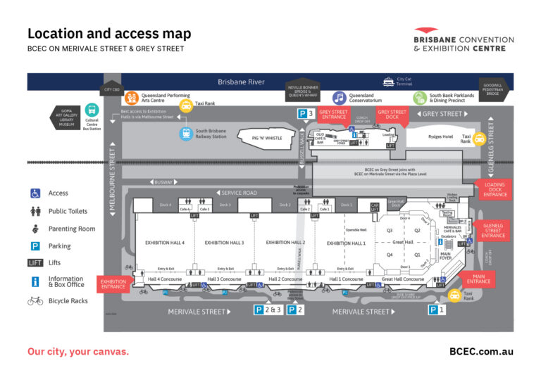 This map shows the Brisbane Convention & Exhibition Centre on Merivale Street and Grey Street.