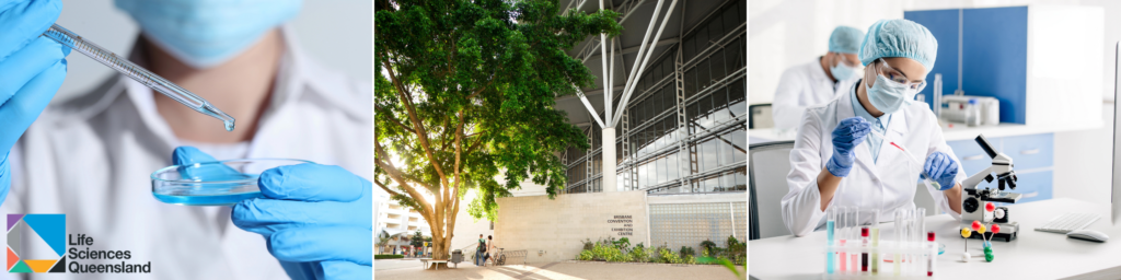 Images of scientists using lab equipment, petri dishes and microscopes. An additional image of the Brisbane Convention & Exhibition Centre main entrance.