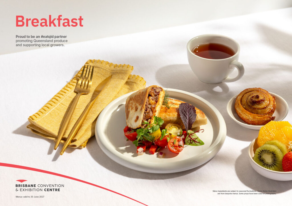 A delicious breakfast menu at the Brisbane Convention & Exhibition Centre, featuring a savory wrap with fresh salsa.