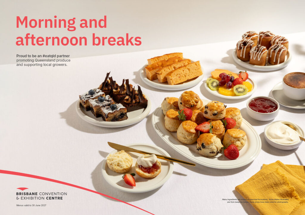 Morning and afternoon breaks are presented with delicious pastries and fruits, hinting at the Brisbane Convention & Exhibition Centre's offerings.