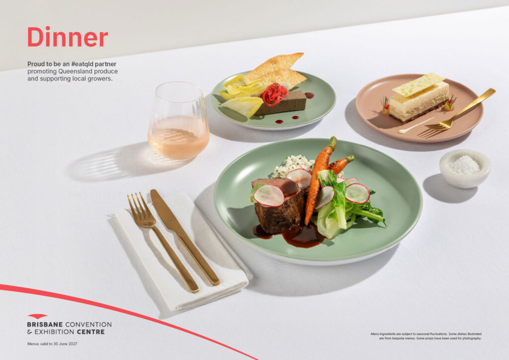A delicious dinner menu is presented at the Brisbane Convention & Exhibition Centre