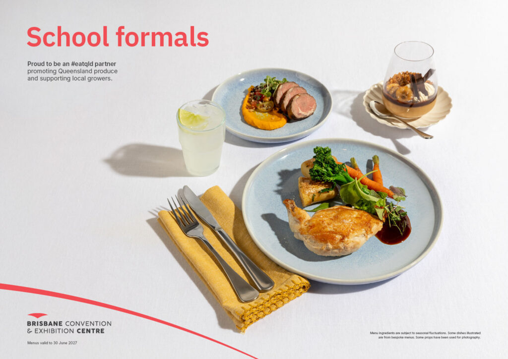 School formals menu at Brisbane Convention & Exhibition Centre featuring elegant plated meals.